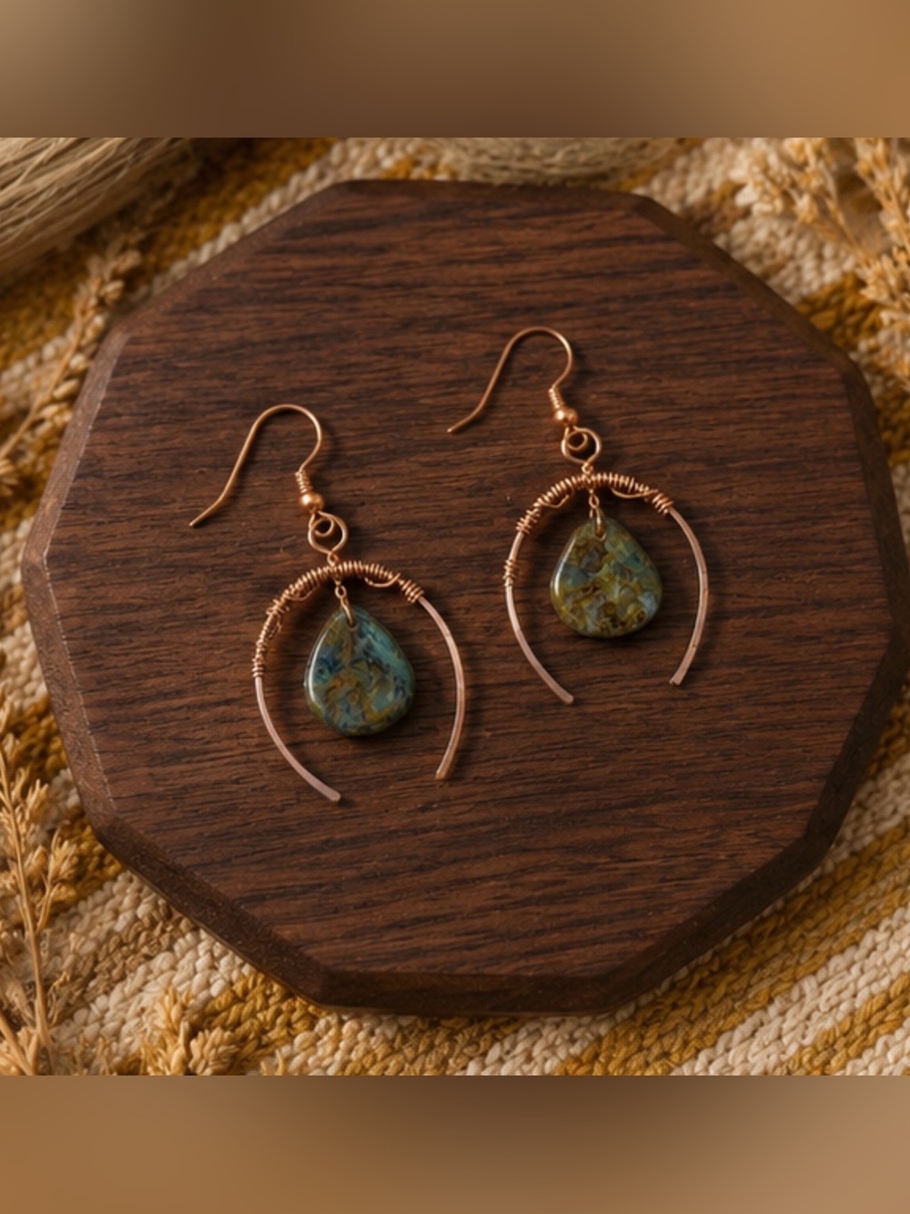 Copper Hoop Earrings with Teardrop Blue-Green Stone